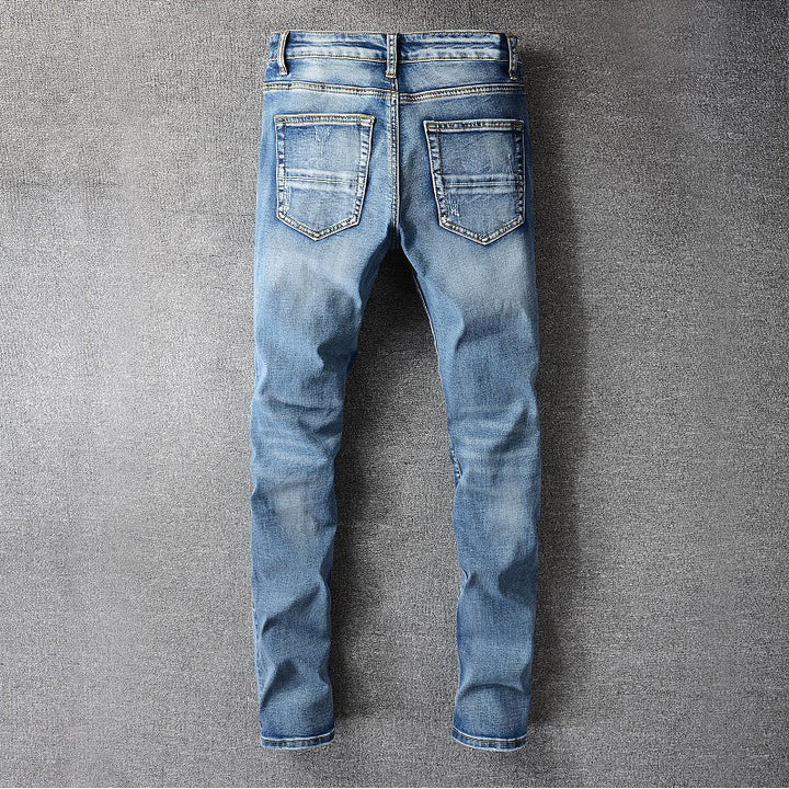 European And American High Street Men's Trend Slim Elastic Knee Ripped Leather Jeans