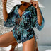 3pcs V-neck Swimsuit Suits Summer Leaf Print Waist-tie Bikini Fashion Long-sleeved Beach Sun-protection Clothing Womens