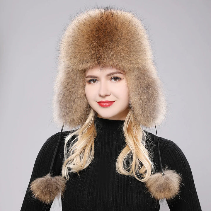 2024 100% Real Fox Fur Hats Women's Russian Ushanka Aviator Trapper Snow Skiing Hat Caps Earflap Winter Raccoon Fur Bomber Hat