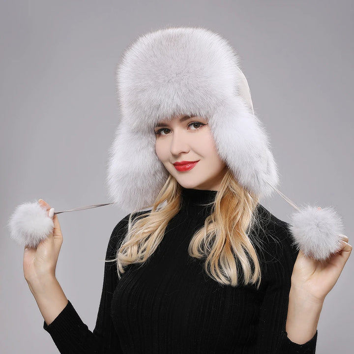 2024 100% Real Fox Fur Hats Women's Russian Ushanka Aviator Trapper Snow Skiing Hat Caps Earflap Winter Raccoon Fur Bomber Hat