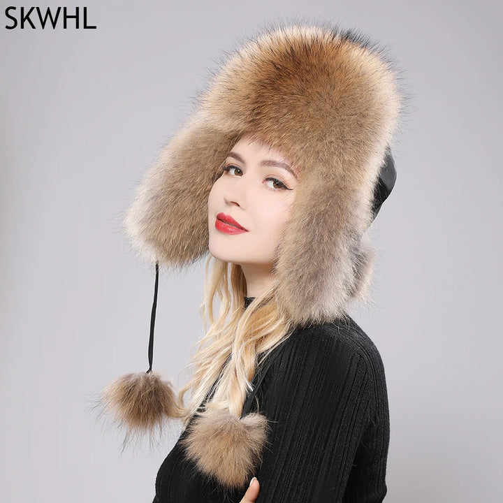 2024 100% Real Fox Fur Hats Women's Russian Ushanka Aviator Trapper Snow Skiing Hat Caps Earflap Winter Raccoon Fur Bomber Hat