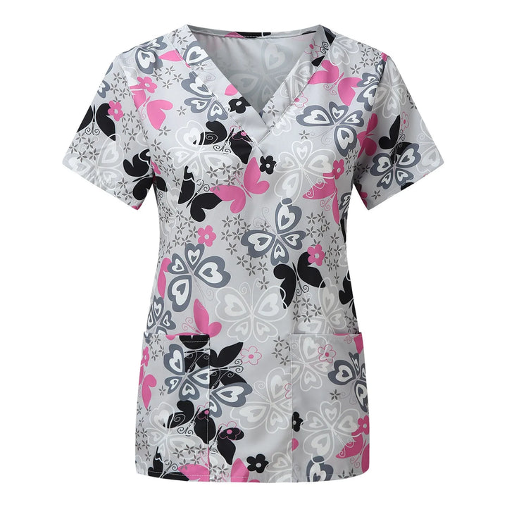 Ladies Nurse Uniform Short Sleeve V-neck Workwear Flower Print Working Uniform Woman Casual Medical Clinic Nursing Blouse Shirts