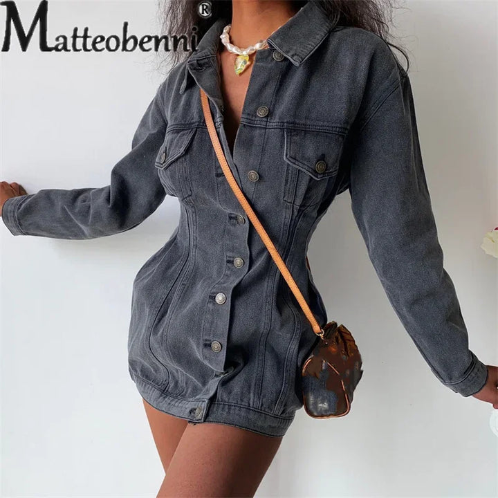 Women's Shrink Waist Slim Fit Denim Jacket Single-breasted Splicing Pocket Coat Female Autumn Winter Daily Casual Long Outerwear