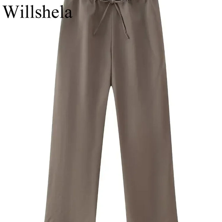 Willshela Women Fashion Two Piece Set Brown Pleated Halter Neck Tops & Straight Pants Vintage Female Chic Lady Pants Suit