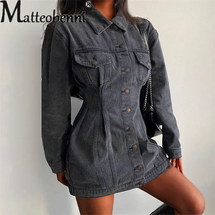 Women's Shrink Waist Slim Fit Denim Jacket Single-breasted Splicing Pocket Coat Female Autumn Winter Daily Casual Long Outerwear