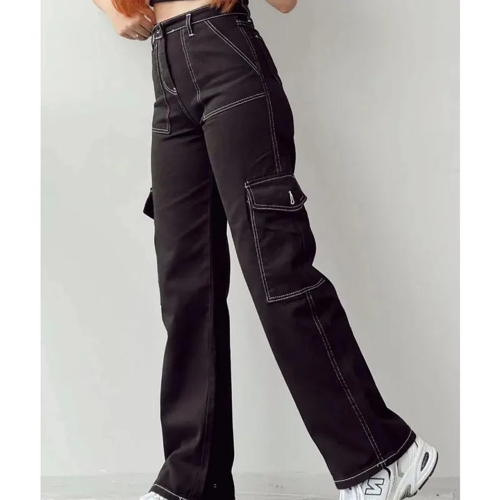 Women's Spring Streetwear Fashion Cargo Pants Baggy Pants Y2K Straight Pants Solid Color Loose Casual Wide Leg Pants