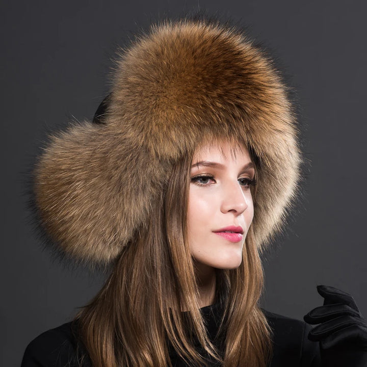 2024 100% Real Fox Fur Hats Women's Russian Ushanka Aviator Trapper Snow Skiing Hat Caps Earflap Winter Raccoon Fur Bomber Hat