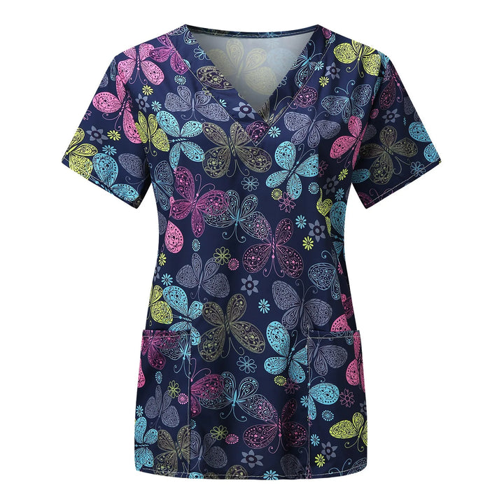 Ladies Nurse Uniform Short Sleeve V-neck Workwear Flower Print Working Uniform Woman Casual Medical Clinic Nursing Blouse Shirts