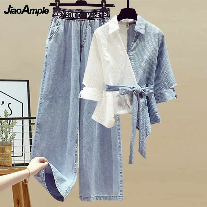 Women's Summer New in Matching Set Korean Elegant Splice Fake Two Piece Shirts+Jeans Suit 2023 Chic Blouse Denim Trousers Suits