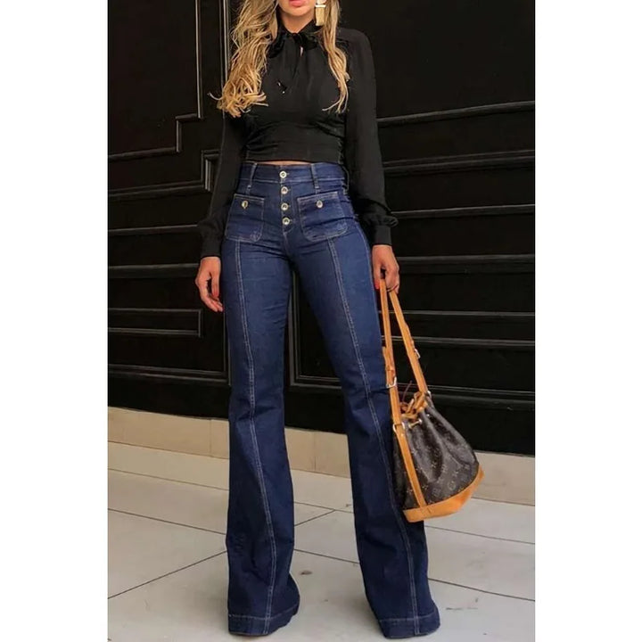 2024 Spring Summer New Women's Retro High Waist Stitching Washed Denim Stretch Slim Bell-Bottom Pants