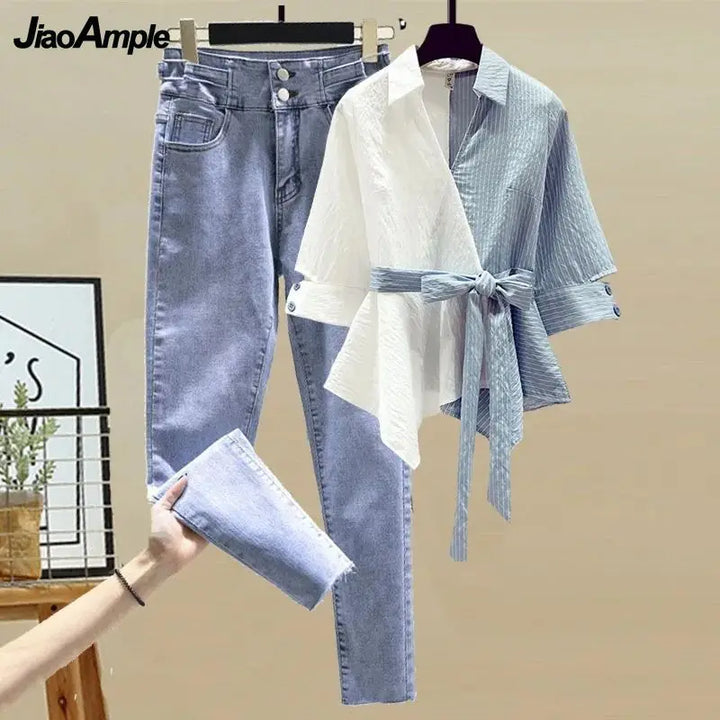 Women's Summer New in Matching Set Korean Elegant Splice Fake Two Piece Shirts+Jeans Suit 2023 Chic Blouse Denim Trousers Suits