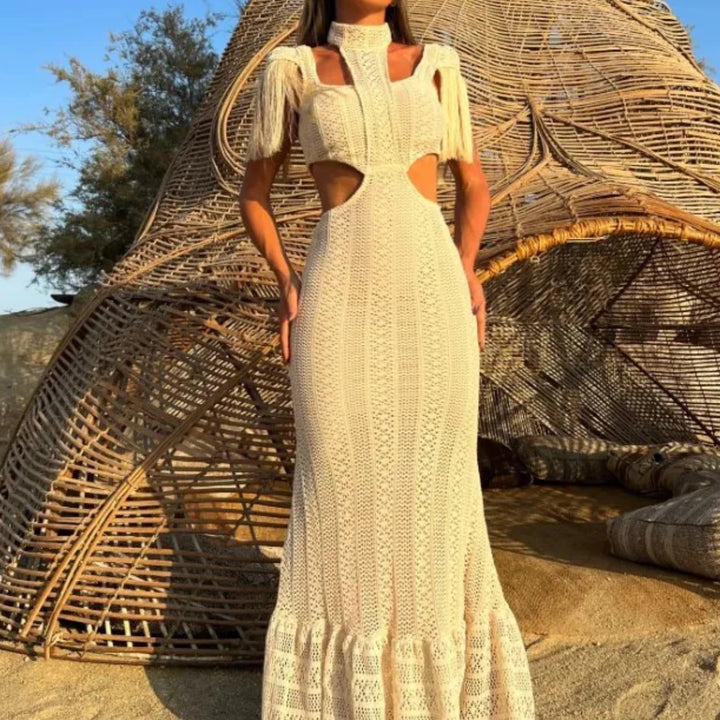 Sexy White Lace Women Dress Turtleneck Tassel Sleeve Slim Naked Waist Hollow Out Long Dress Summer Beach Female Knit Robe