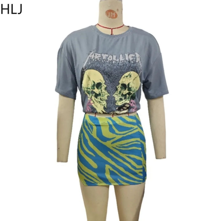 HLJ Fashion Y2K Streetwear Women Pattern Print Round Neck Short Sleeve Tshirt And Mini Skirts Two Piece Sets Summer 2pcs Outfits