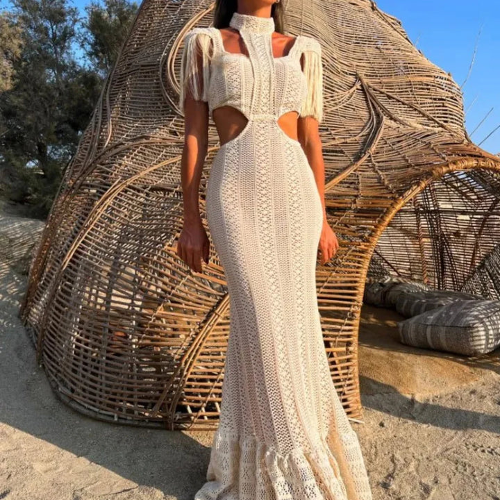 Sexy White Lace Women Dress Turtleneck Tassel Sleeve Slim Naked Waist Hollow Out Long Dress Summer Beach Female Knit Robe