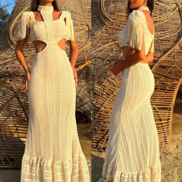 Sexy White Lace Women Dress Turtleneck Tassel Sleeve Slim Naked Waist Hollow Out Long Dress Summer Beach Female Knit Robe