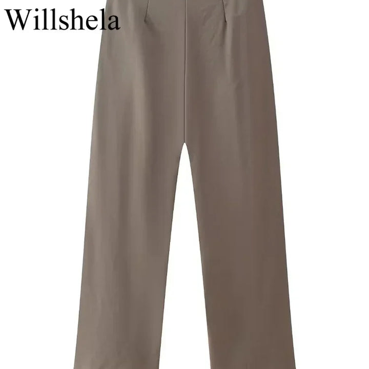 Willshela Women Fashion Two Piece Set Brown Pleated Halter Neck Tops & Straight Pants Vintage Female Chic Lady Pants Suit