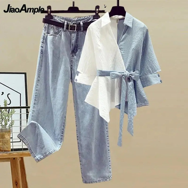 Women's Summer New in Matching Set Korean Elegant Splice Fake Two Piece Shirts+Jeans Suit 2023 Chic Blouse Denim Trousers Suits