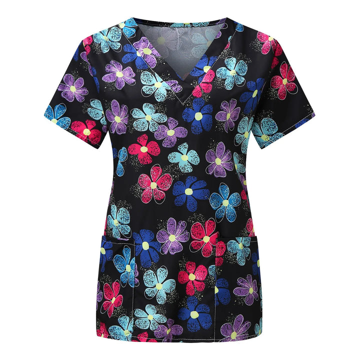 Ladies Nurse Uniform Short Sleeve V-neck Workwear Flower Print Working Uniform Woman Casual Medical Clinic Nursing Blouse Shirts