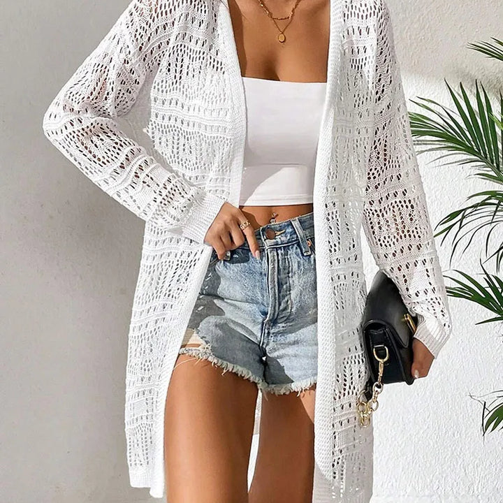 Polyester 100.00% solid color knitted cardigan with sun shading and loose fitting fashion, mid length and elegant sweater