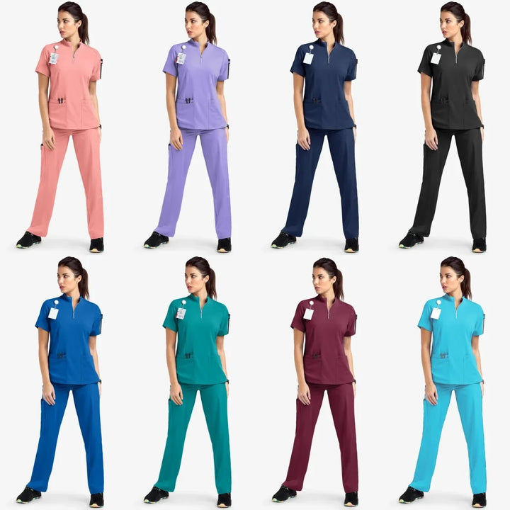 Washing Clothes Female Summer Short-sleeved Operating Clothes Casual Stand Collar Zipper Top Beauty Salon Medico Nurse Uniform