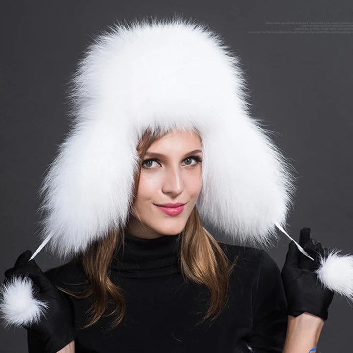 2024 100% Real Fox Fur Hats Women's Russian Ushanka Aviator Trapper Snow Skiing Hat Caps Earflap Winter Raccoon Fur Bomber Hat