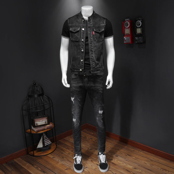 Harley Motorcycle Men's Uniform Black Stand-up Collar Plus Size Denim Vest