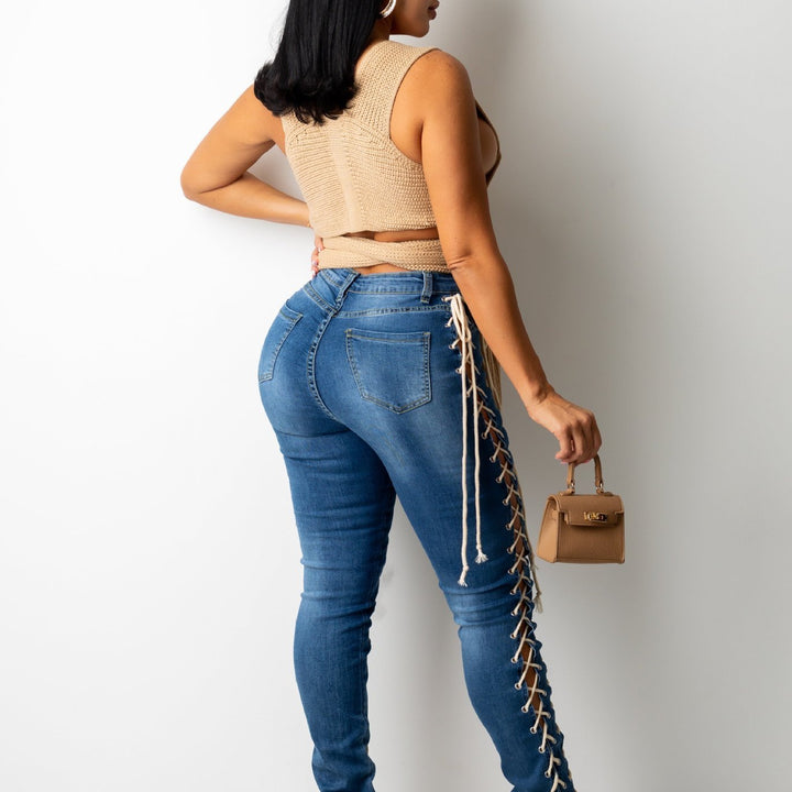 Eyelet Drawstring Elastic Sexy Slim Denim Trousers