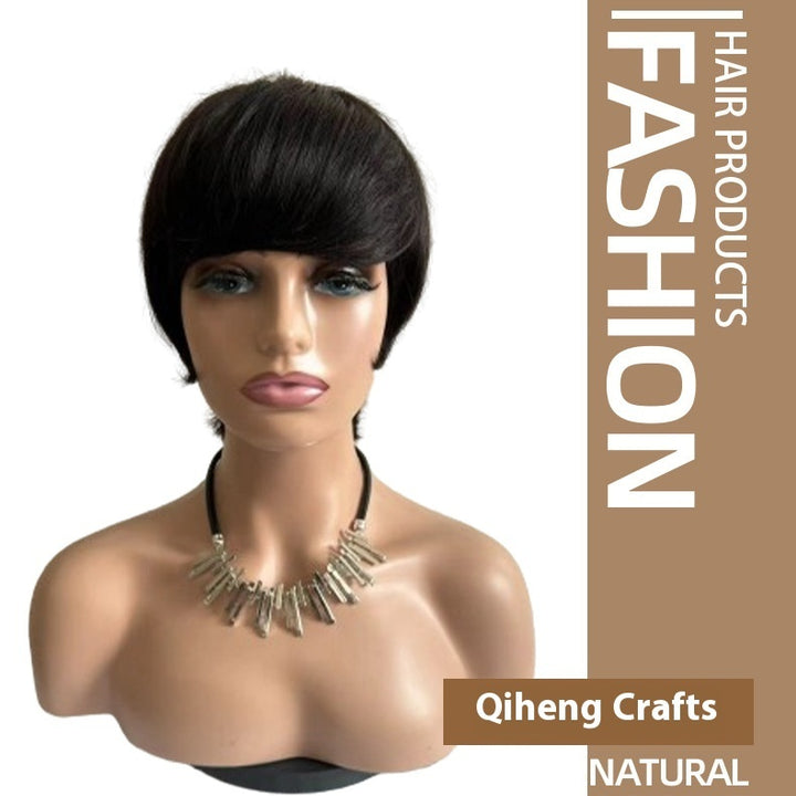 Short Straight Wig Women's Short Hair Head Cover Real Human Hair